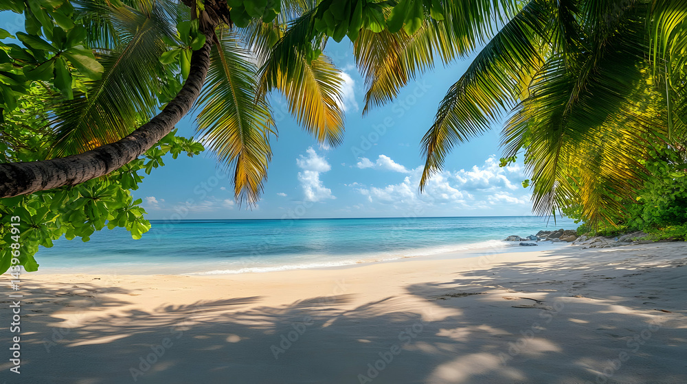 Fototapeta premium Serene Tropical Beach: Palm Trees Azure Ocean and Sunny Day Paradise