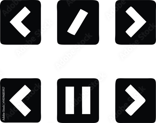 Navigation Button Set: A collection of simple yet effective navigation buttons, perfect for user interfaces. Includes left arrow, right arrow, pause, and diagonal arrow icons.