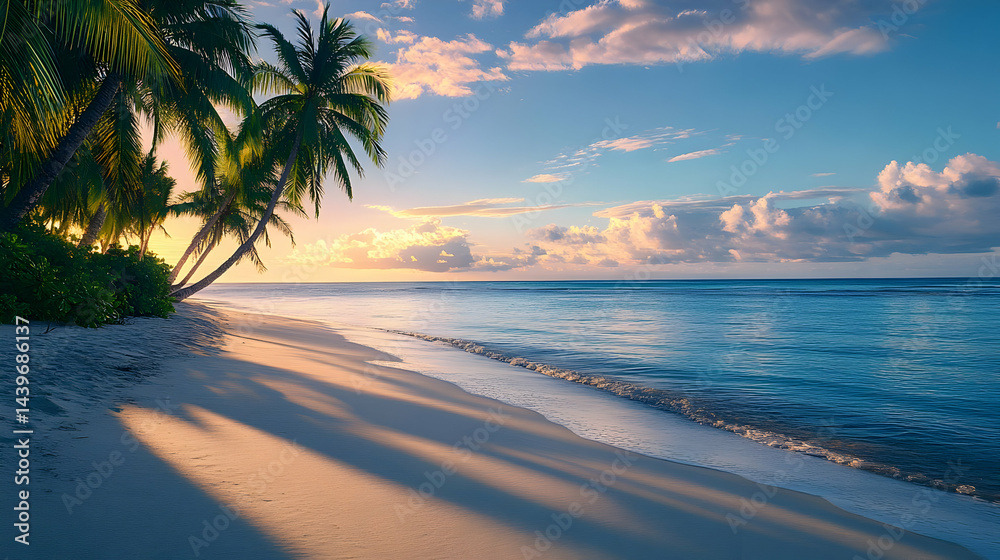 Fototapeta premium Serene Tropical Sunset: Palm Trees on a Pristine Beach