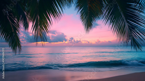 Stunning Pink Sunset over Tropical Beach Palm Trees Silhouette