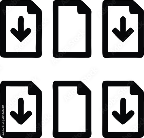 Document download illustration: A digital illustration depicts the concept of downloading documents, featuring several blank pages with downward-pointing arrows.