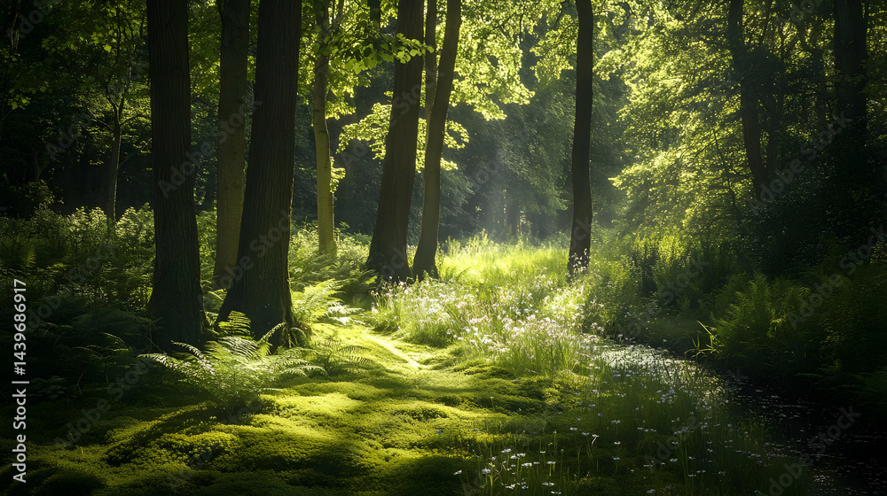 Fototapeta premium Sunlit Forest Path: A Serene Nature Escape
