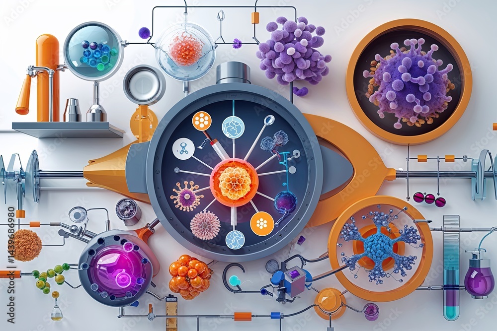 Fototapeta premium Innovative Biotechnology Artworks Featuring Conceptual Icons, Experimental Tools, and Molecular Organization