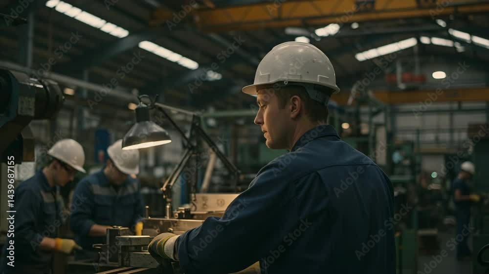 Industrial workers focus on tasks in factory setting Industrial workers focus on tasks in factory setting