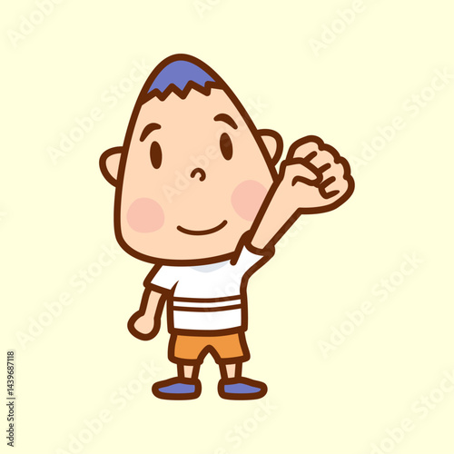 拳を握り手を上げる男の子のイラスト／じゃんけんのグー／Illustration of a boy raising his hand with a clenched fist