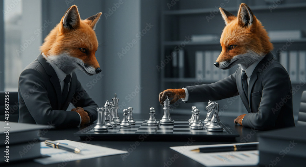 Fototapeta premium Two foxes in suits playing chess in an office setting, strategic business concept, competition and planning.