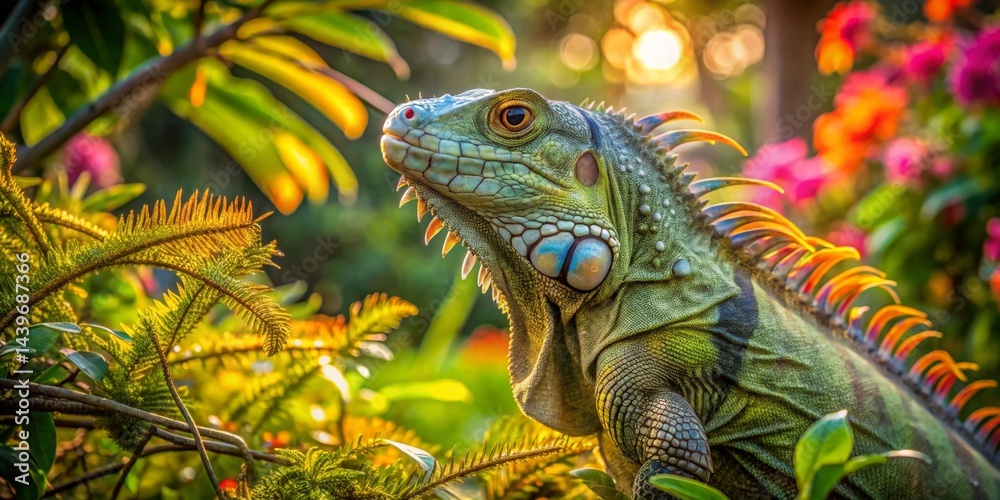 Fototapeta premium A vibrant green iguana basks in the warm sunlight, its scales shimmering with an array of colors amidst a lush tapestry of tropical foliage