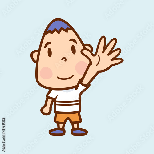 ５本の指を立て手を突き上げる男の子のイラスト／じゃんけんのパー／Illustration of a boy pointing up five fingers