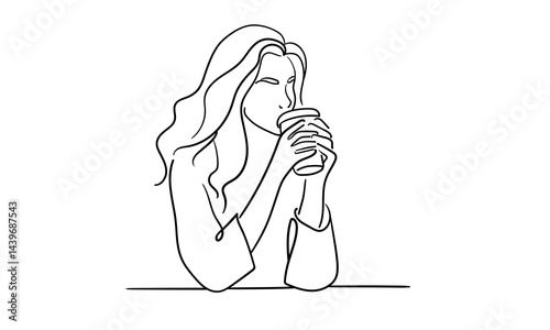 Woman drink coffee, line art drawing. Barista made tea on white background. Enjoying the moment now. Vector illustration