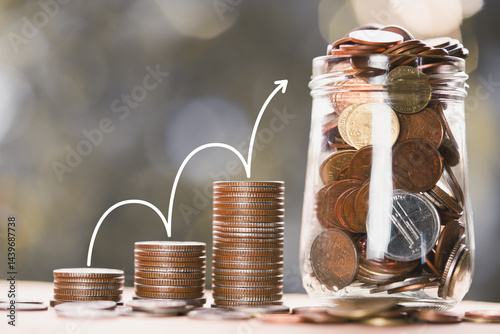 Coin stack stacking as step stair with arrow up. Ladder of success in financial investment business growth