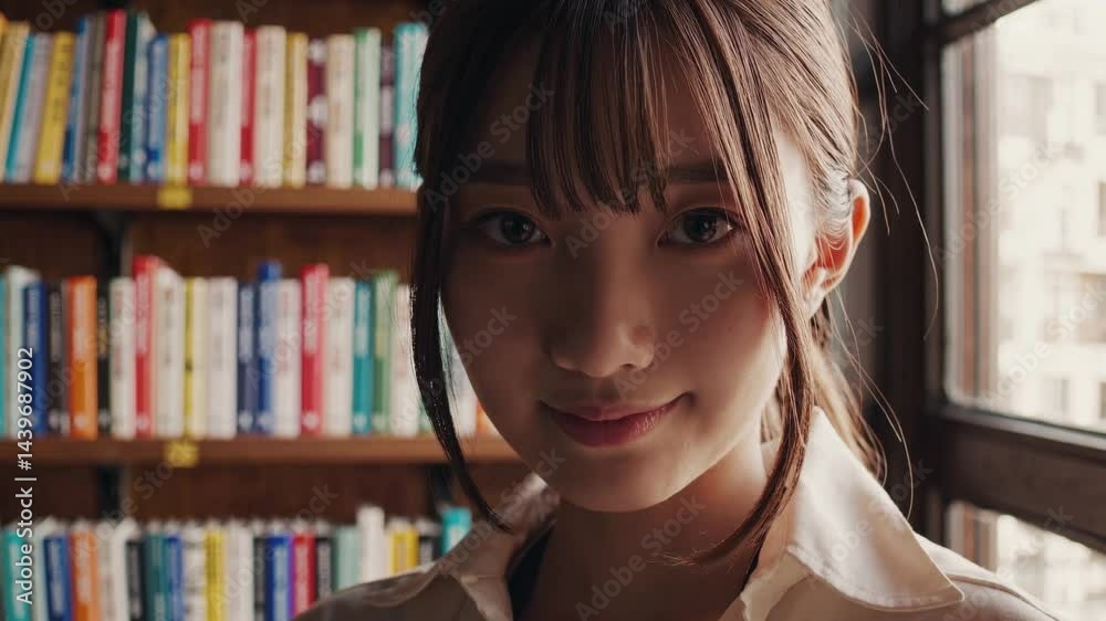 Woman's engaging expression in library setting: subtle mood shift across sequential frames