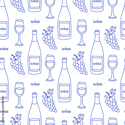 La dolce vita doodles seamless pattern with wine bottle, glasses, grape. Blue on white vector illustration of italian style hand drawn posters. Wall art prints decor, for invitations, menus design.