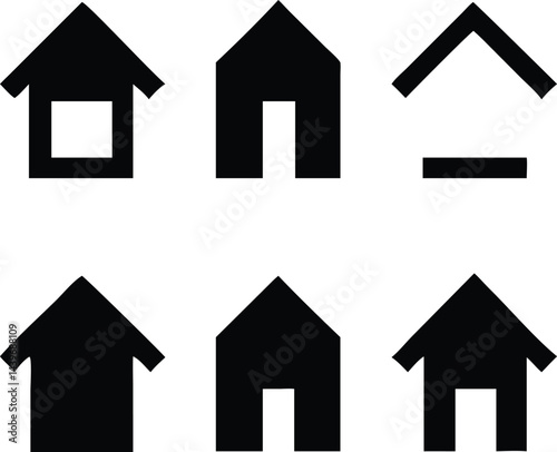 Geometric House Collection: A collection of simple, geometric house icons, offering a versatile visual element perfect for design and branding. Minimalist architectural style. 