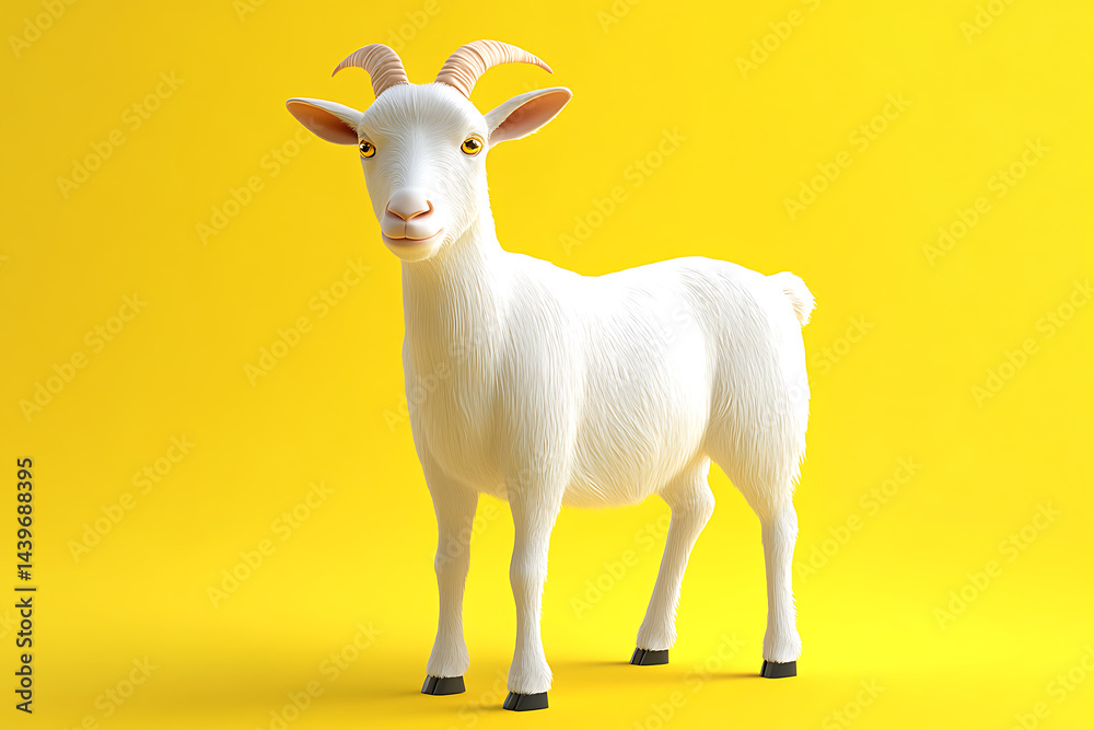 A cheerful white goat standing against a bright yellow background, showcasing its playful demeanor A cheerful white goat standing against a bright yellow background, showcasing its playful demeanor