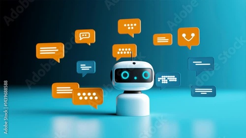 A friendly robot chatbot surrounded by colorful speech bubbles, symbolizing communication and technology.