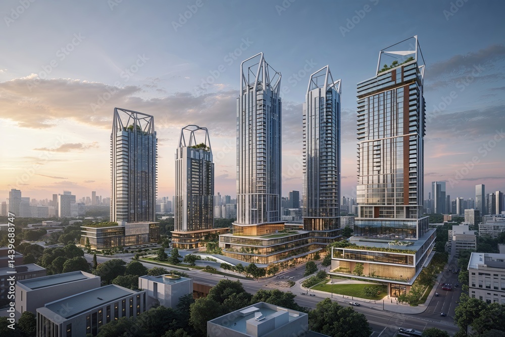 Obraz premium Innovative Urban Skyline Highlighting Sustainable Architecture and Eco-Friendly Design Principles