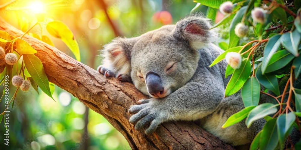Fototapeta premium Peaceful Koala Bear Napping on a Tree Branch in Sunlight, Embracing Nature's Tranquility
