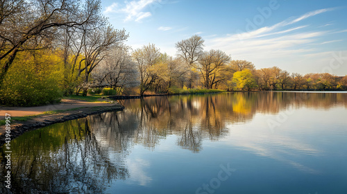 Serene Spring Lake: Picturesque Reflection of Blossoming Trees