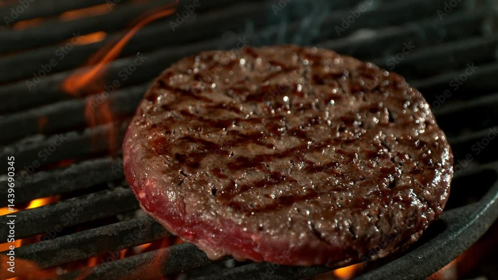 Super Slow Motion Shot of Flipping Hamburger Meat on Hot Grill with Flames and Embers at 1000fps.