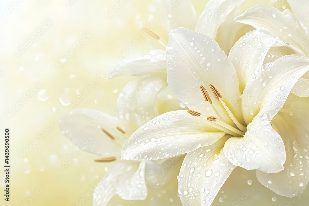 Fototapeta premium Delicate white lilies with water droplets.