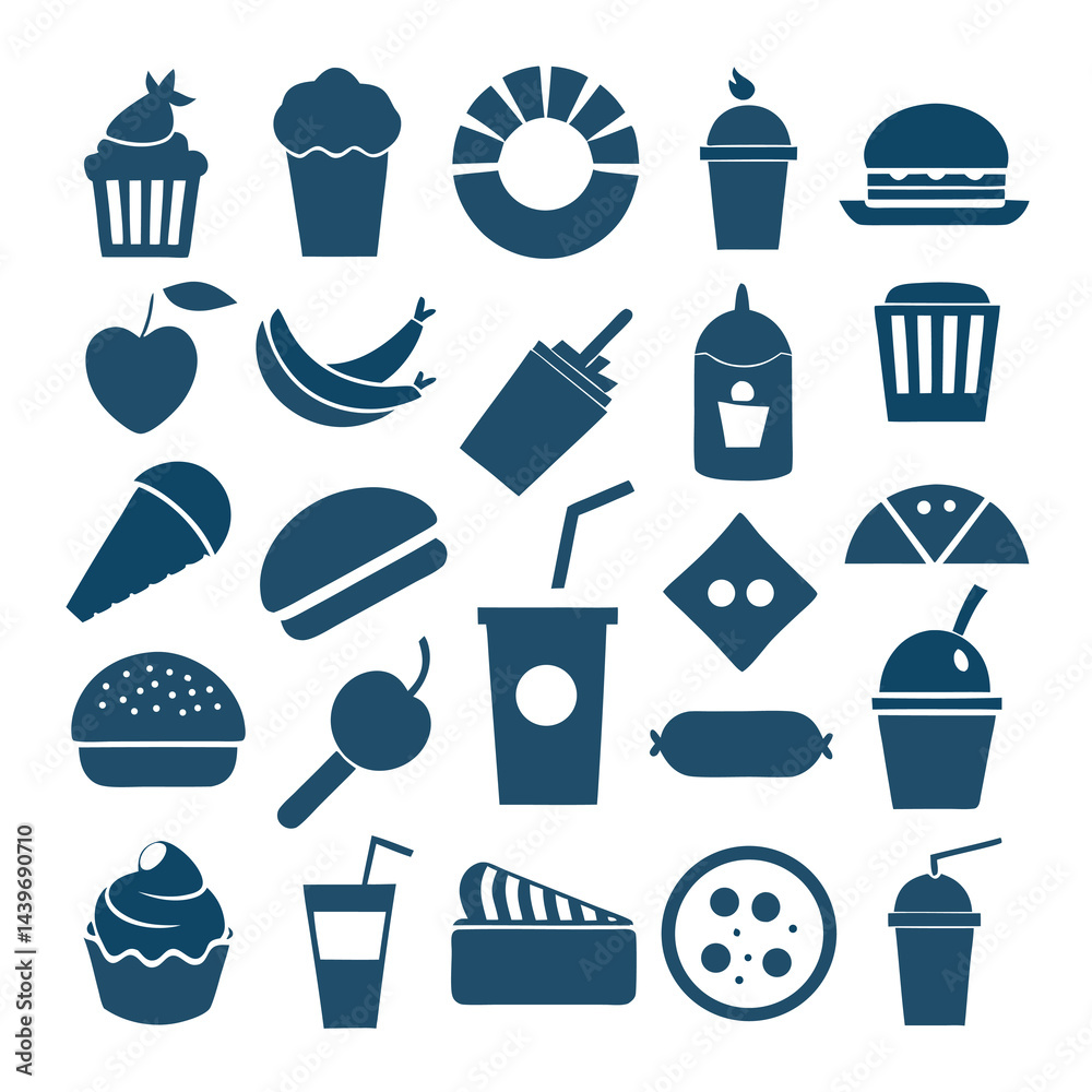 Minimal Fast-Food Icons Set Silhouettes Collection. Minimal Fast-Food Icons Set Silhouettes Collection.