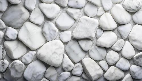 Many smooth white stones cover surface. Various rock shapes lie close together. Neutral color palette for background textures. Simple nature pattern for designs. Peaceful look. 