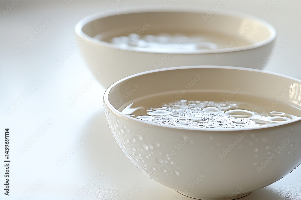 Two bowls filled with clear liquid on a light surface Two bowls filled with clear liquid on a light surface