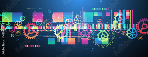 Abstract technological background with colored gears and multicolored rectangles and plexus effect. Vector