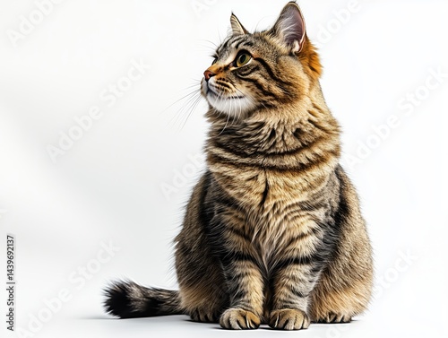 Fluffy tabby cat sitting on white background looking to the side
