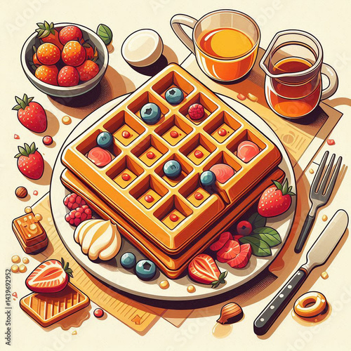 A delicious breakfast spread featuring golden waffles topped with fresh berries and syrup, accompanied by a bowl of strawberries and a glass of juice.