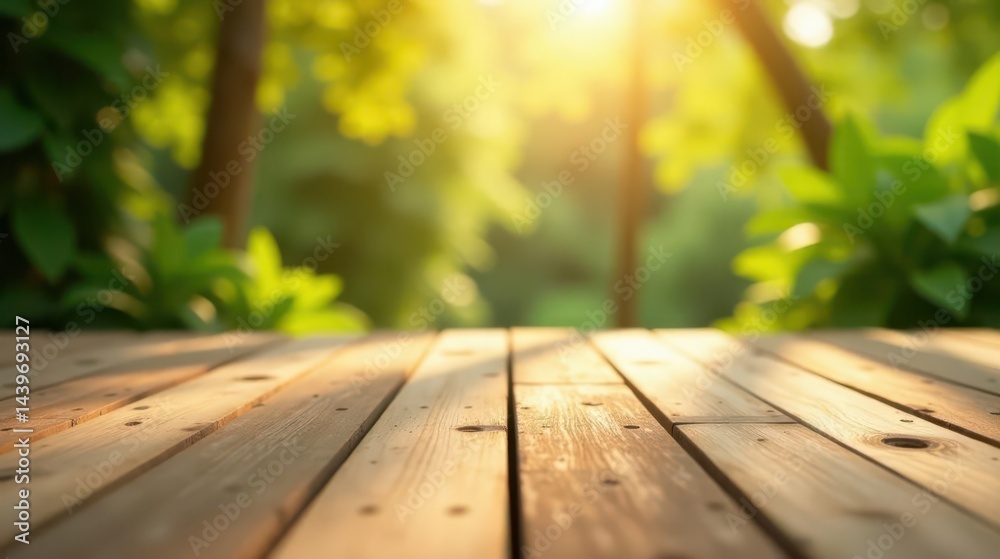 Serene Wooden Deck with a Soft-Focus Natural Background Ideal for Product Placement or Relaxing Atmosphere