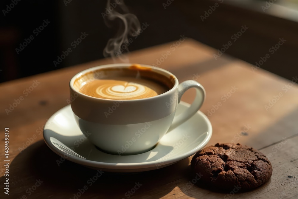 Aromatic Coffee with Latte Art and a Delicious Chocolate Chip Cookie on a Wooden Table Aromatic Coffee with Latte Art and a Delicious Chocolate Chip Cookie on a Wooden Table