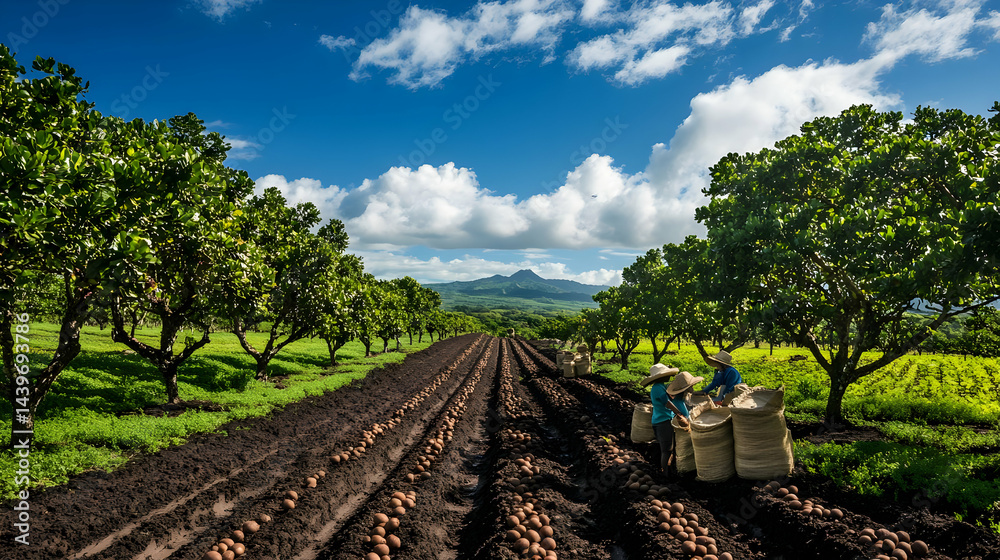 Obraz premium Picturesque Nut Plantation: Workers Harvesting on a Sunny Day