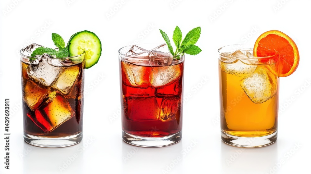 Three refreshing iced drinks with ice cubes garnished with cucumber mint and orange slices in rocks glasses on white background. Three refreshing iced drinks with ice cubes garnished with cucumber mint and orange slices in rocks glasses on white background.