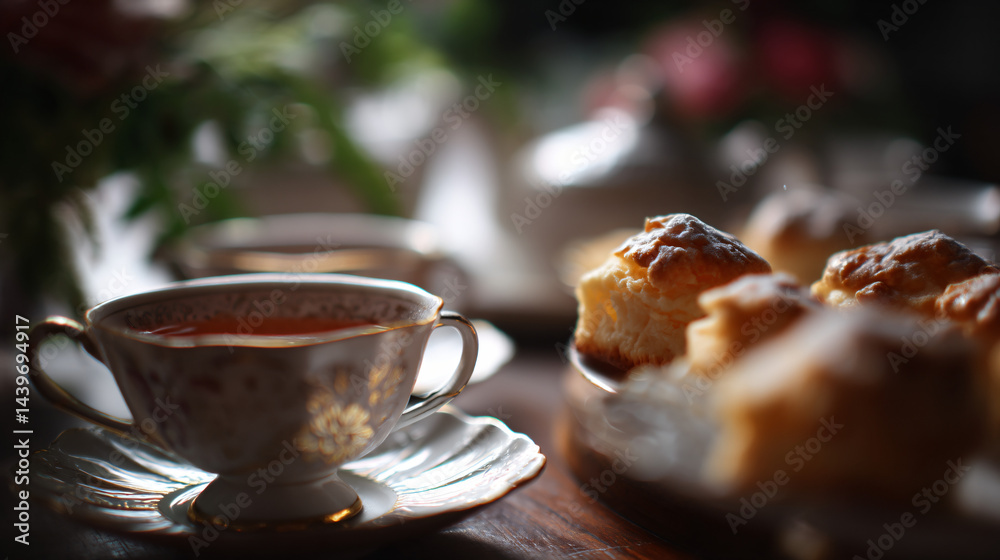 Cream tea setup, with delicate tea cups and pastries.