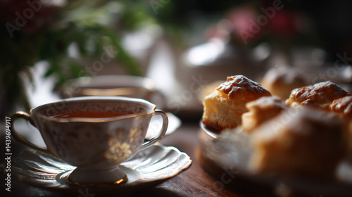 Obraz na płótnie Cream tea setup, with delicate tea cups and pastries. w salonie