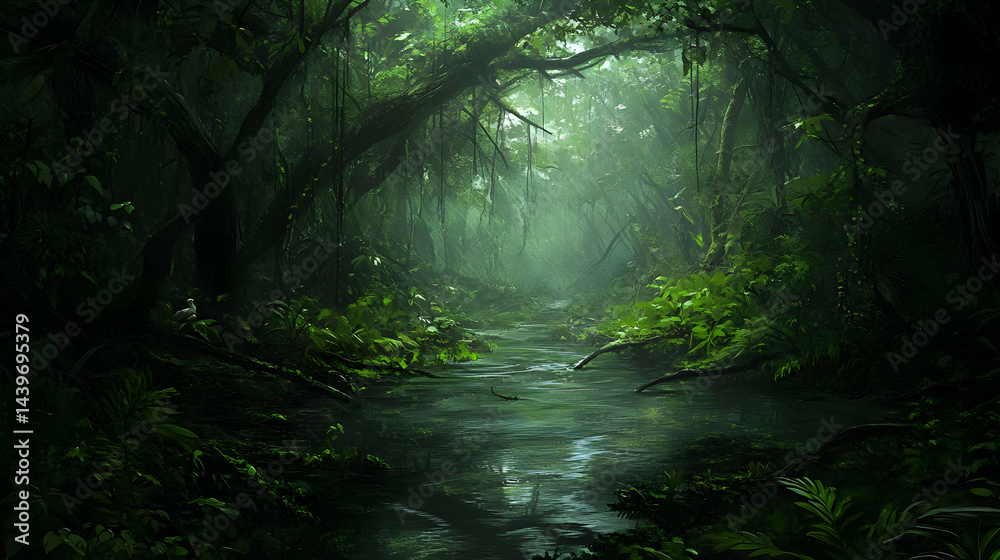 Obraz premium Enchanted Jungle River: A Serene Escape into Lush Greenery