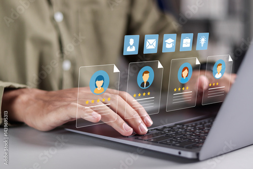 Hiring and recruitment concept. Presentation, Job interview, recruitment agency, HR manager uses laptop to select candidates.