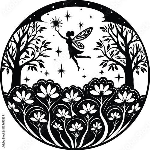 "Magical Fairy Silhouette Vector Collection with Moon, Forest, and Fantasy Elements for Storybooks and Art Projects"