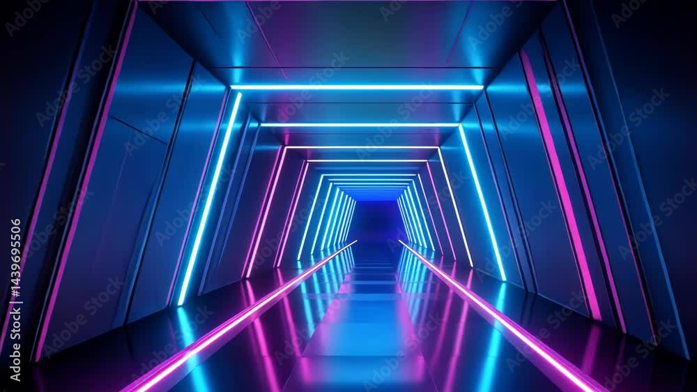 Abstract neon tunnel with perspective glowing light reflections and modern geometric design