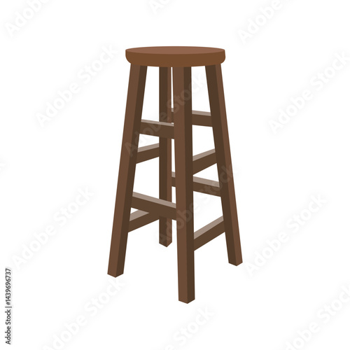 Wooden bar stool with four legs and support beams on a white background