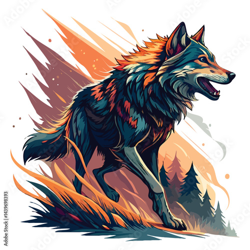 A vector art of energetic wolf in vibrant Colors.