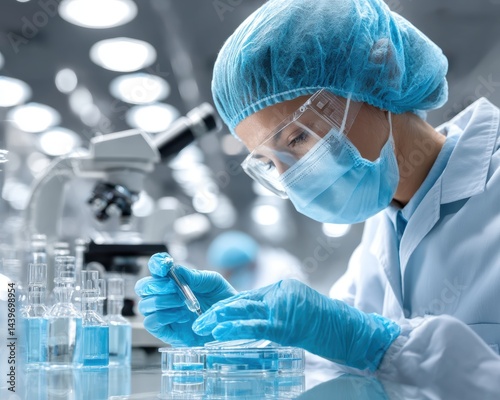 A lab-coated medic meticulously prepares samples for microscopic analysis within a brightly lit laboratory - research chemicals examination preparation scrutinizing