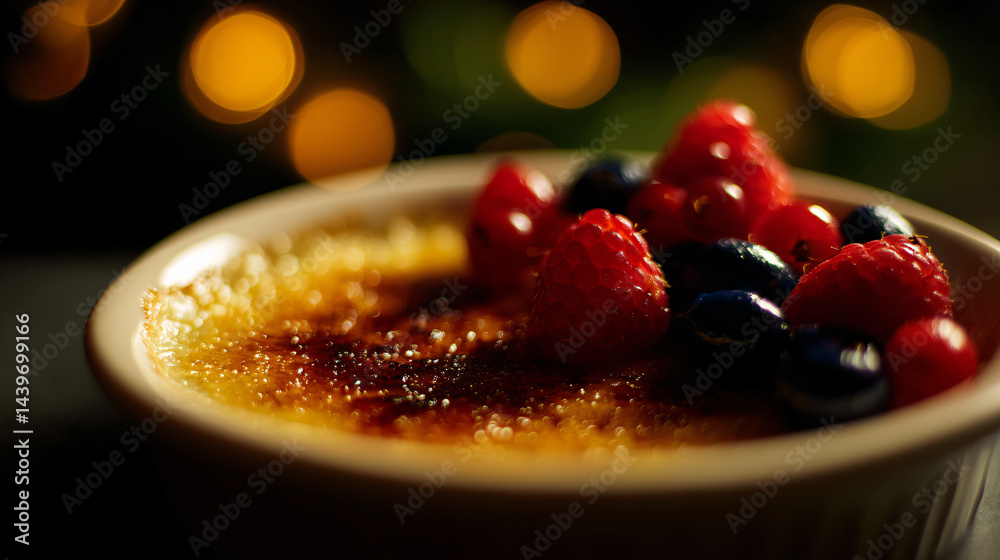Crème Brûlée - A golden caramelized crème brûlée in a dish with berries on the side, shot with soft lighting.