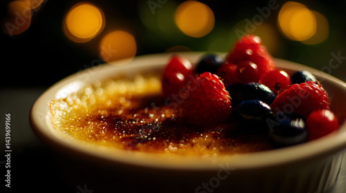 Obraz na płótnie Crème Brûlée - A golden caramelized crème brûlée in a dish with berries on the side, shot with soft lighting. w salonie