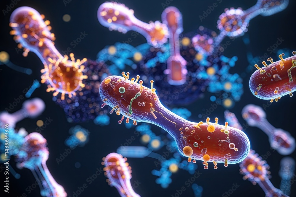 Naklejka premium Immersive Holographic Antibodies Visualization on Dark Background Showcasing Immunology Medicine and Genetic Engineering Concepts