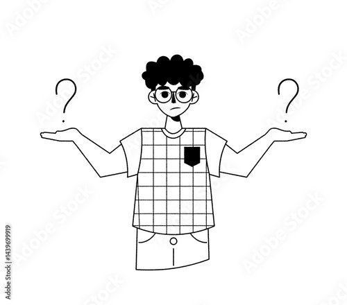 Confused young guy in glasses thinking surrounded by question marks. Trendy hand drawn outline vector character isolated on white background. Concept of doubting, solving problem and making choice
