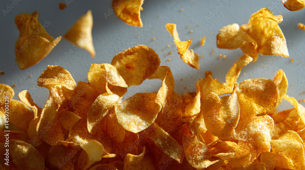 Crispy golden snacks scattered.