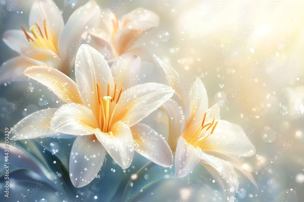 Fototapeta premium Delicate white lilies bathed in soft, radiant light.
