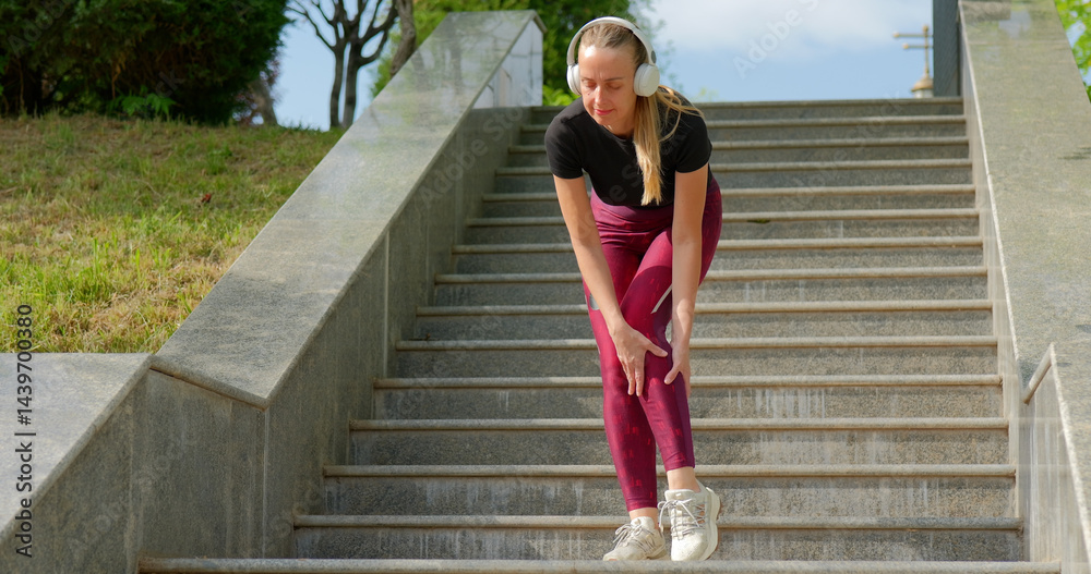 Obraz premium Woman suffers knee pain after jogging, standing on outdoor staircase